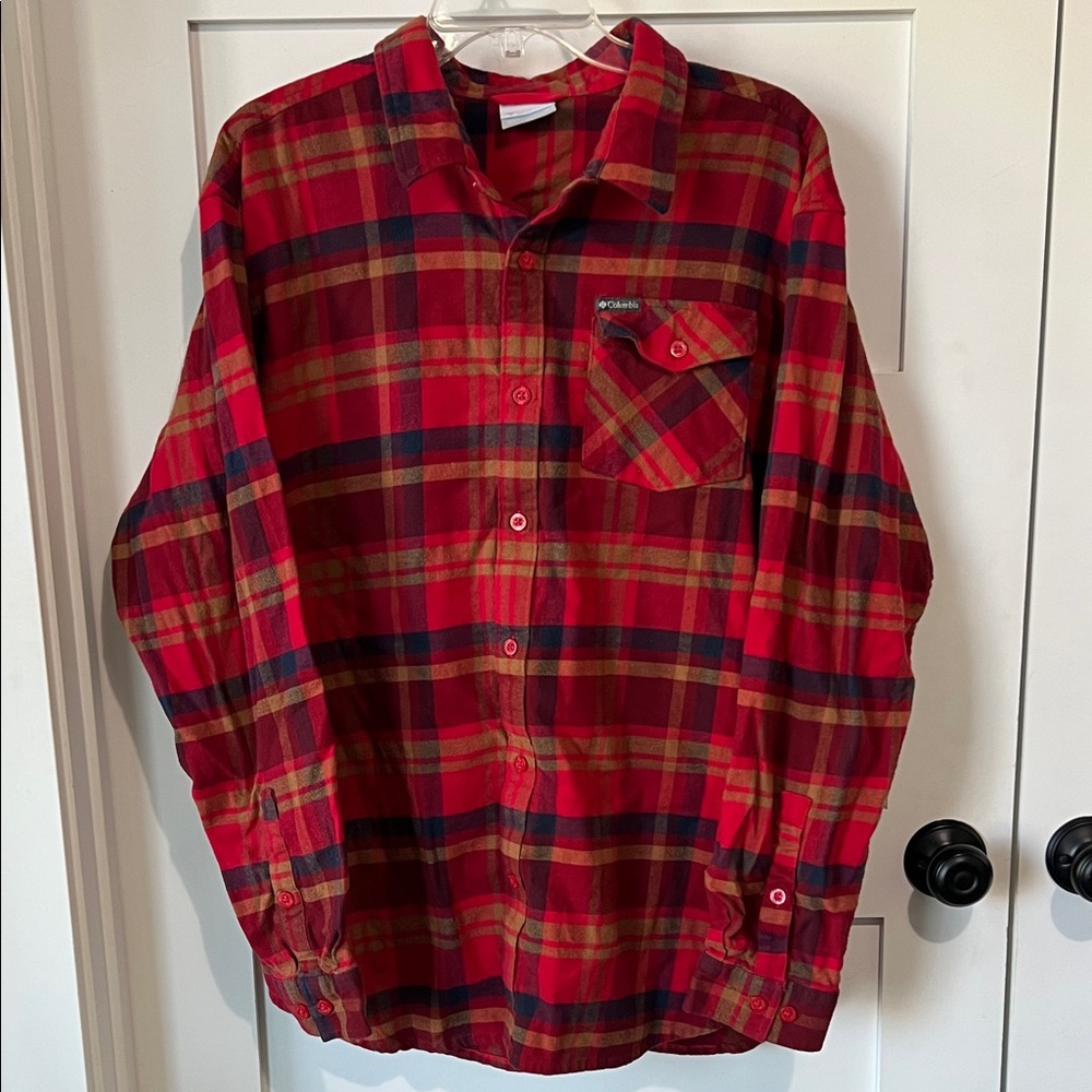 Columbia Men's Red and Blue Plaid Flannel Button Down Shirt Size XL